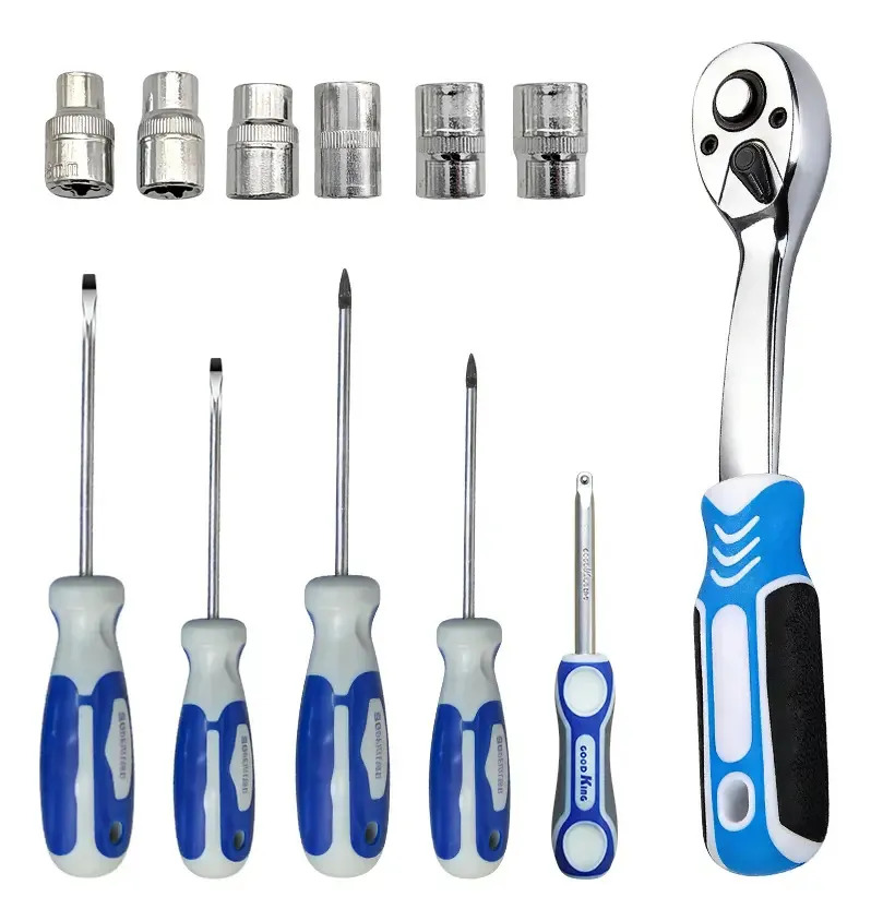 Kit Ferramentas 12 Peças Catraca Soquetes E Chaves Azul Azul