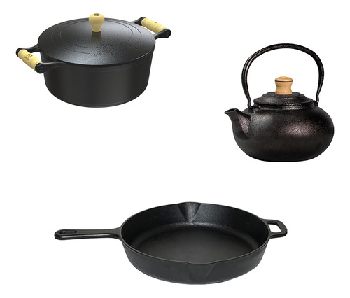 Kit 1 Caçarola 24cm + 1 Frigideira 29 + 1 Chaleira 2 L Ferro Caçarola lib 24cm com tampa de ferro frigideira 29cm e chaleira 2 litros FS