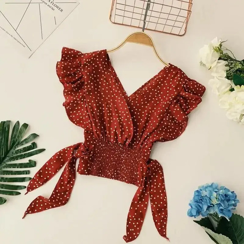 Blusa Corta Sin Mangas De Chifón Con Cuello En V Y Lunares