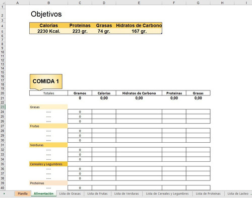 Planilla De Excel / Sheets Para Dieta / Nutricionistas