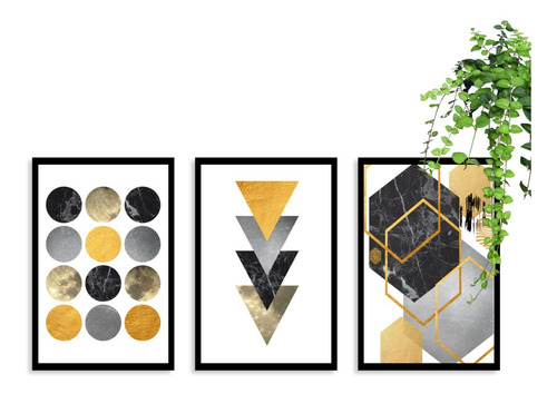 Kit 3 Quadros Decorativos Geométrico Amarelo Moldura Sala