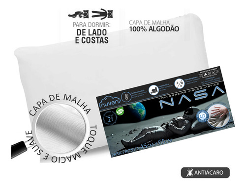 Kit 4 Travesseiro Nasa Viscoelástico Confortável Macio 10cm