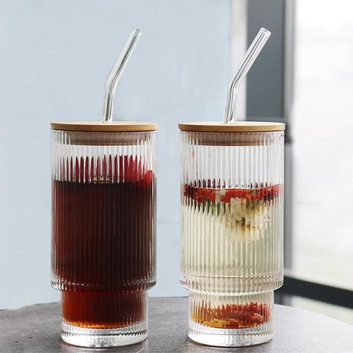 Vaso Tapa Madera Bambu Sorbete De Vidrio Aesthetic 500ml