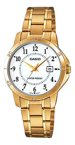 Reloj Casio Linea General Ltp-v004g-7budf Mujer Color de la correa Dorado Color del bisel Dorado Color del fondo Blanco