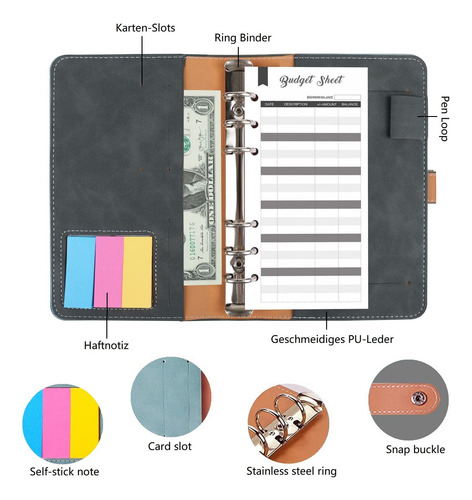 Planejador De Orçamento A6 Ring Binder Com Bolsos E Envelope