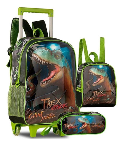 Mochila De Rodinhas + Lancheira E Estojo - Dino T-rex - Clio