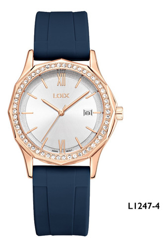 Reloj Mujer Loix L1247-4 Azul Con Oro Rosa, Tablero Plateado