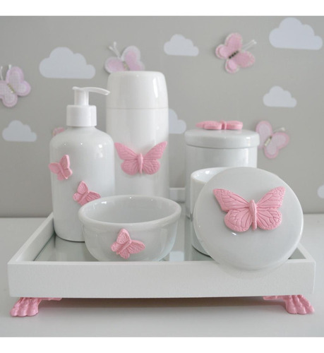 Kit Higiene Porcelana Bebê Borboletas Moderno K045 Rosa