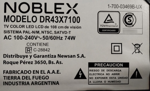 Placas Pantalla Con Flexs Tv Led Smart Noblex Dr43x7100 (Usado)