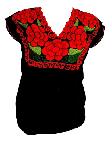 Blusa Bordada Con Rosas  Rojas.  Incluye Faja Lisa