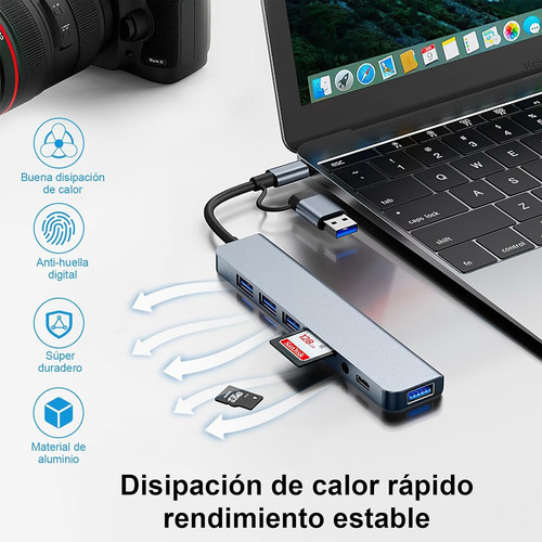 Adaptador Usb C Hub Tipo C, 8 En 1, Multipuerto, Usb 3.0, Sd