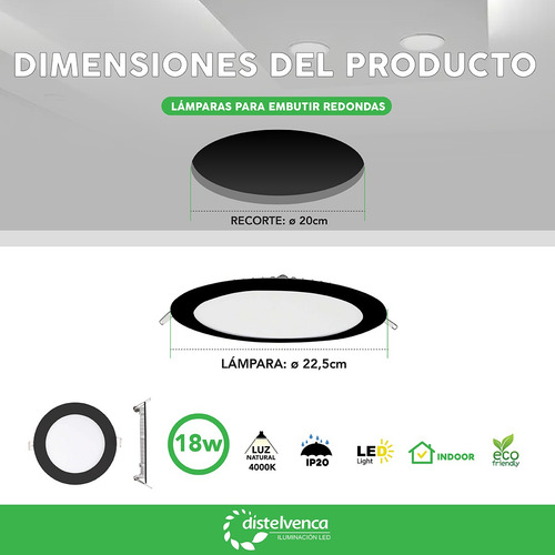 Lámpara Led Red Empotra 18w 4000k Luz Natur M/negro Pck X20