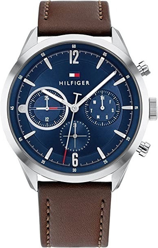 Reloj de pulsera de piel Tommy Hilfiger 1791940 para hombre, color de la correa: marrón, bisel, color plateado, color de fondo azul