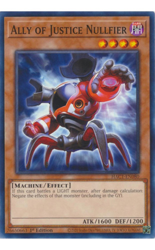 Tarjeta Yugioh Ally Of Justice Nullfier Hac1-en080 Common