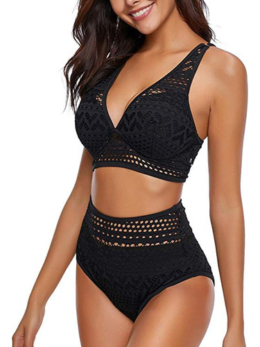 Conjunto De Bikini Con Cuello En V Y Cintura Alta Con Encaje