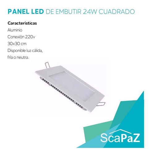 Panel Led Embutir 24w 30x30cm Luz Fria 6000k