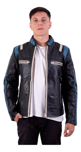 Campera De Cuero Vacuno 100% De Hombre Motoquera Comb. Azul