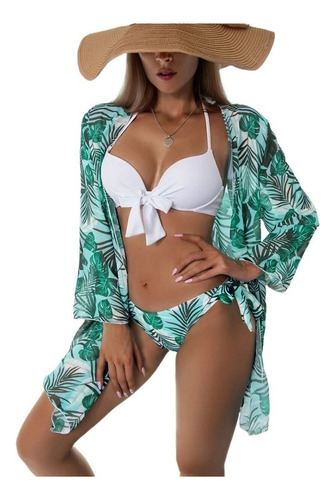 Conjunto De Bikini + Pareo De Playa Tipo Kimono Estampado