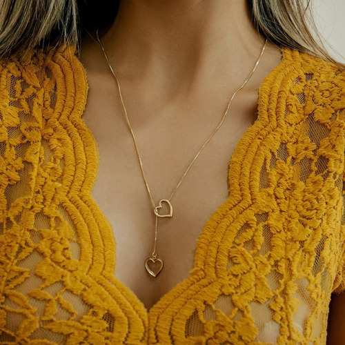 Colar Feminino Gravata Duplo Coração Ouro 18k Cor Dourado
