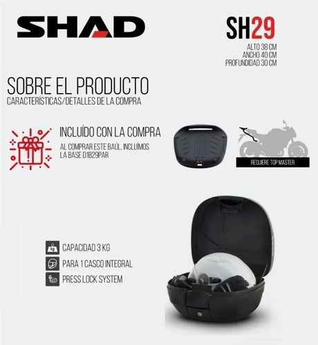 Imagen 3 de 3 de Baul Moto Shad Top Case Sh29 Con Soporte 29 Lts
