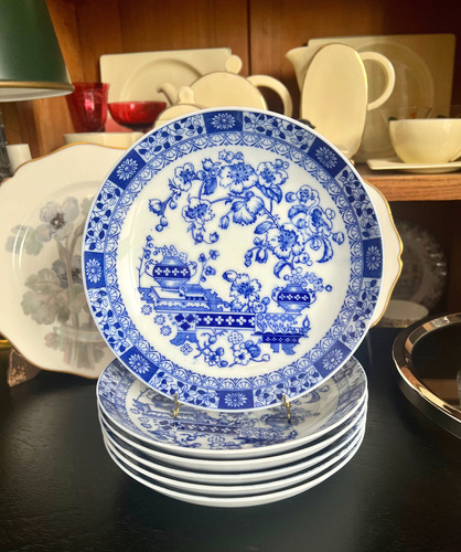 Juego 6 Platos Hondos Porcelana Tsuji Modelo Old Blue C1980 Blanco Y Azul Old Blue (Usado)