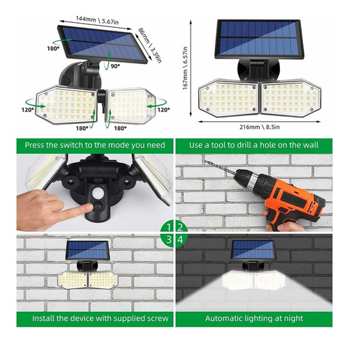 Lampara Led Solar Exterior Sensor Luces Foco 3modos 78 Led