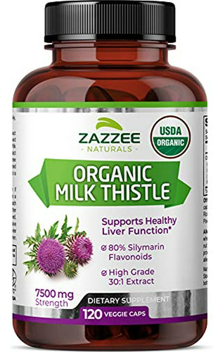 Extracto De Cardo Lechoso Orgánico Usda Zazzee 30:1, 7500 Mg, 120 Cápsulas Veganas