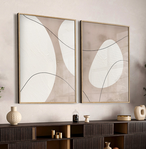 Quadros Decorativo Dupla Grande Com Moldura Abstrato Neutros