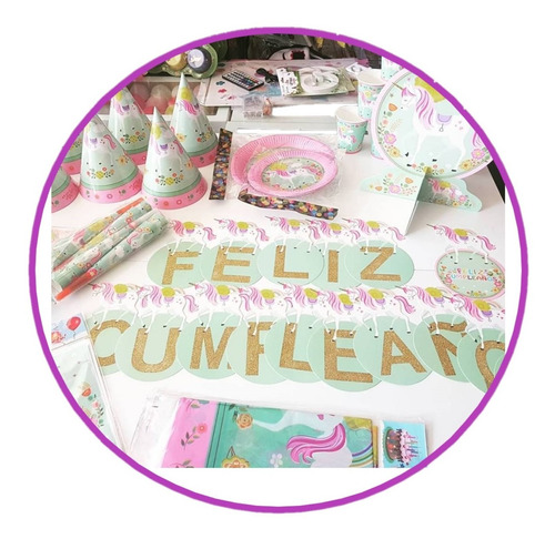 Set Cotillón Cumpleaños Unicornio 10 Niños Kawaii Rosado Tur