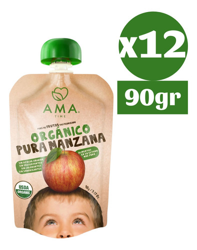 12x Ama Pure Fruta Manzana Orgánico Papilla Compota