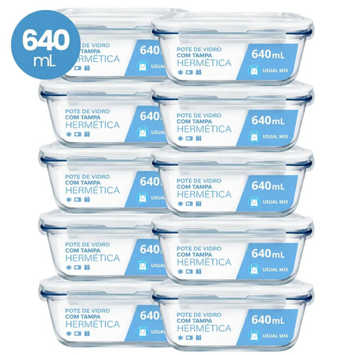 Kit 10 Pote Vidro Hermético Marmita 640ml Micro-ondas Freezer Forno Organização Geladeira
