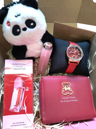 Box Mujer Perfume Billetera Peluche Panda Labial Reloj