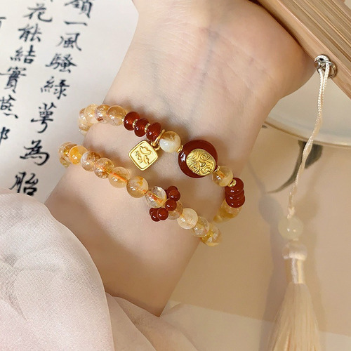 Pulsera De Citrino Natural Para Mujer, Estilo Nacional, Ruyi