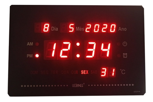Relógio Parede Led Digital Calendário Alarme Temp 23x15cm