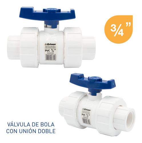 Válvula De Pvc De Bola De Unión Doble 3/4 Rosca Griven 