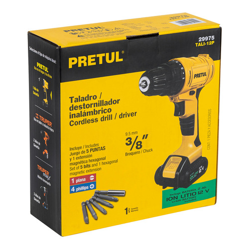 Imagen 3 de 3 de Taladro atornillador inalámbrico de 9.5mm Pretul TALI-12P 12V + accesorios con caja de cartón 127V 60Hz