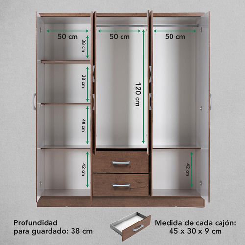 Closet Armario Estructura En Mdp Con 6 Puertas Y Cajones Moderno Color Café Kingshouse
