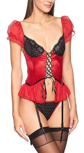 Mediano 34 Babydoll Liguero Tanga Rojo Negro Lencería Sexy