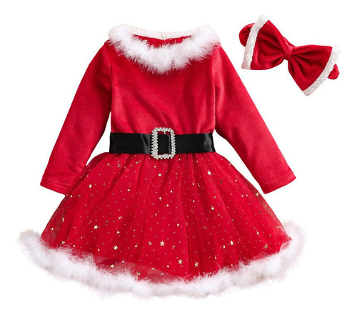 Vestido Malla De Terciopelo Navideño Manga Larga Para Niña