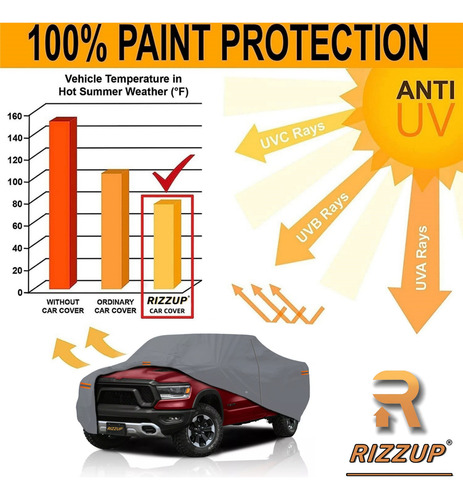 Rizzup® 5.5m Funda Para Pickup 100% Impermeable Cubiertas Para Autos Coche Protector Automovil Vehiculos Accesorios Gris Oscuro 4 Tiras Reflectantes Incluye Cremallera Lateral