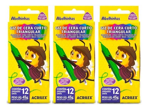 Kit 03 Giz De Cera Curto Triangular 12 Cores 45g Acrilex