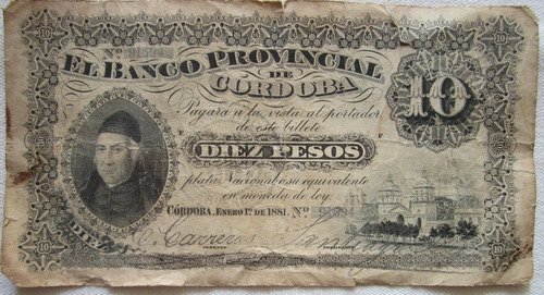 Antiguo Billete Argentina S 738 Banco Provin Cordoba 1885