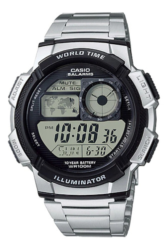 Reloj pulsera Casio Youth Series AE-1000 de cuerpo color plateado, digital, para hombre, fondo negro, con correa de acero inoxidable color plateado, dial negro, subesferas color gris, minutero/segundero negro, bisel color negro, luz ámbar y desplegable