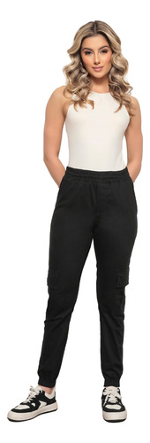 Calça Feminina Sarja Cargo Jogger Com Elástico Cintura