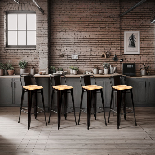Pack 4 Taburete Metálico Con Asiento De Madera Ideal Para Ba