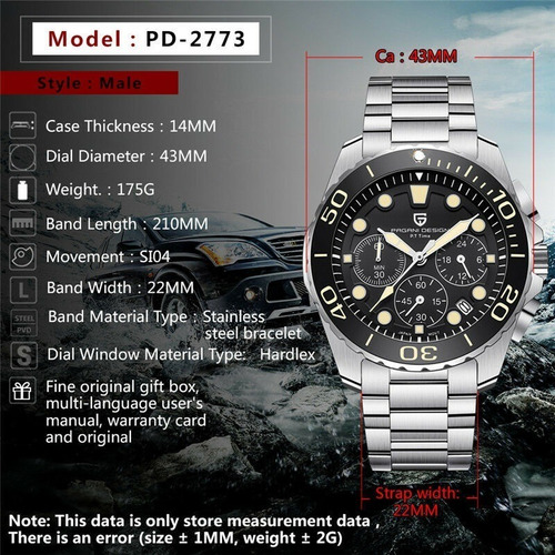 Relógio Pulseira De Aço Cronógrafo Pagani Design Pd- 2773