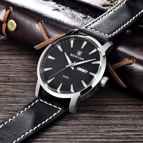 Relógio Masculino Benyar Pulseira De Couro Hardlex By-5145