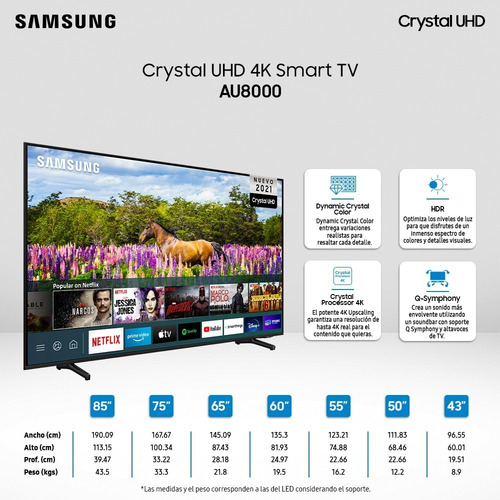 Imagen 3 de 7 de Led Samsung 43 Au8000 Crystal Uhd 4k Smart Tv 2021