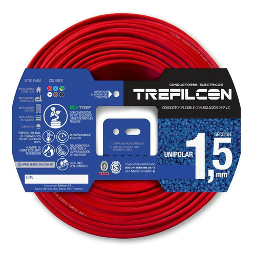 Cable Electrico Unipolar 1x1,5mm Normalizado Trefilcon Rollo Color Rojo X 100 Metros
