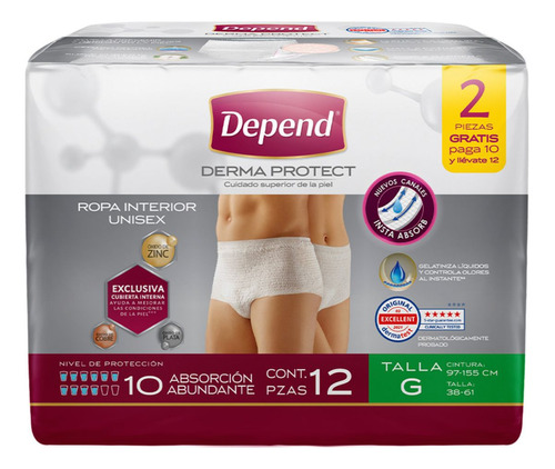 Ropa Interior Unisex Para Incontinencia Depend Grande 12 P